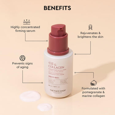 The Face Shop Pomegranate & Collagen Face Serum With 10% Marine Collagen & Hyaluronic Acid | Has Collagen to smooth wrinkles & Hyaluronic Acid for Intense Hydration |All in One Korean Face Serum, 30Ml